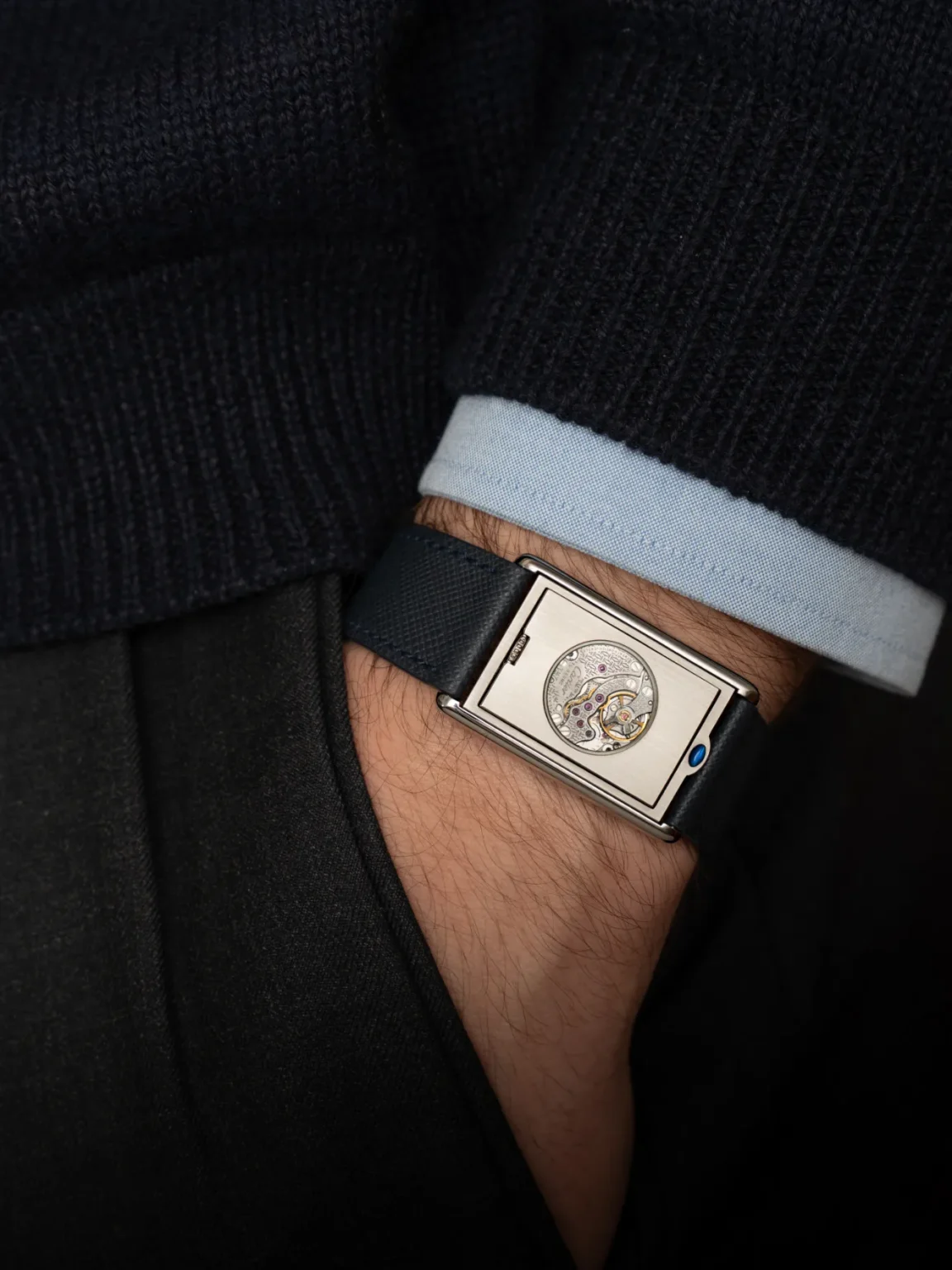 Cartier Tank Basculante Open Caseback Pockshot Blue